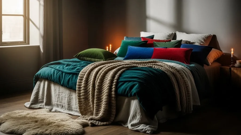 Layered bedding textures in cozy bedroom