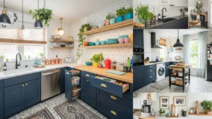 Collage of 18 kitchen refresh ideas including colorful cabinets, hardware, faucet, shelving, backsplash, lighting, greenery, countertops, storage, rugs, metallic accents, window treatments, smart gadgets, island, flooring, and personal decor