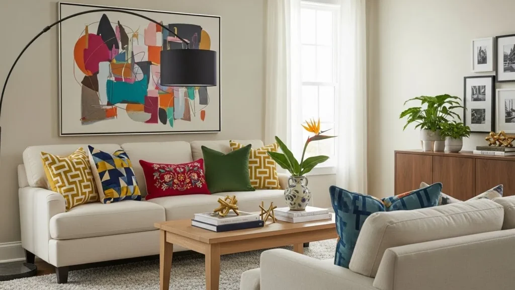 Neutral interior with bold accent decor