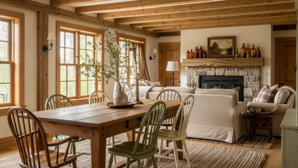 Vintage home decor with rustic wooden beams and furniture