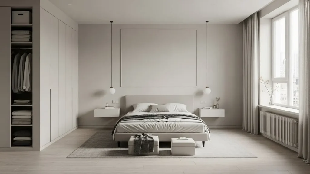 Clutter-free minimalist bedroom with clean surfaces and organized decor