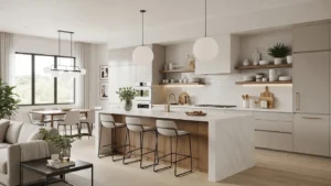 Modern open kitchen with statement island, neutral colors, integrated appliances, open shelving, natural light, and functional layout