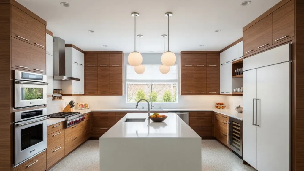 Symmetrical layout in mid century modern kitchen