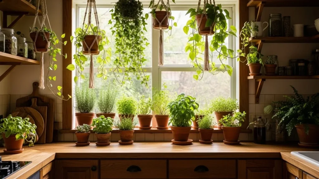Earthy kitchen decorated with indoor plants, herbs, and clay pots for a natural feel