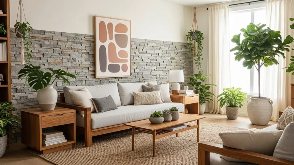Modern living room with natural elements and plants