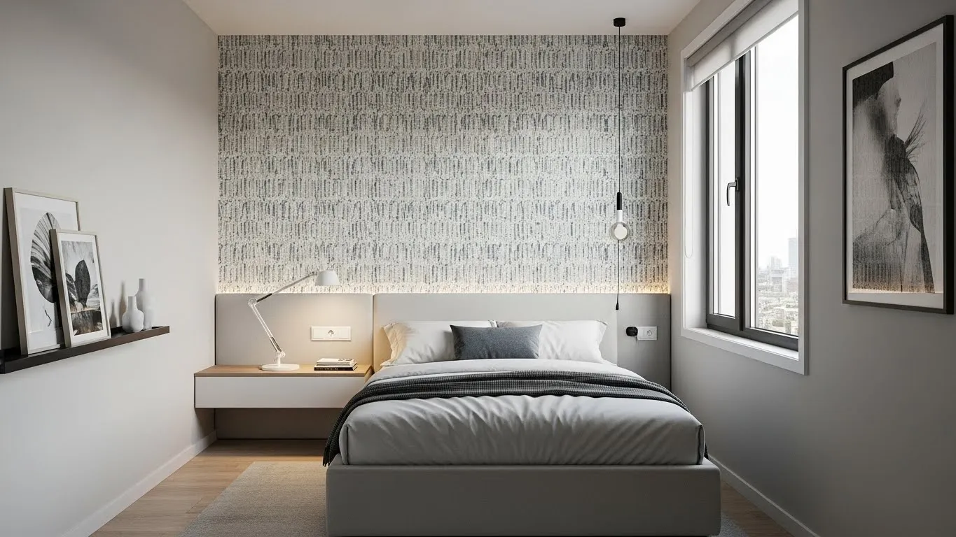 Wallpaper accent behind headboard in a modern bedroom