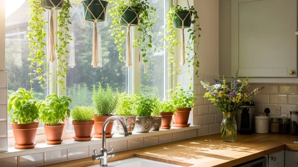Kitchen with indoor plants and herbs
