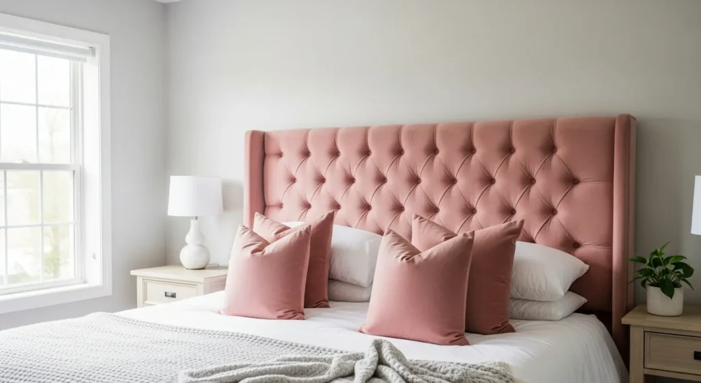 Blush pink velvet bedroom decor