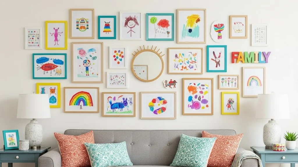 Kids art living room gallery wall