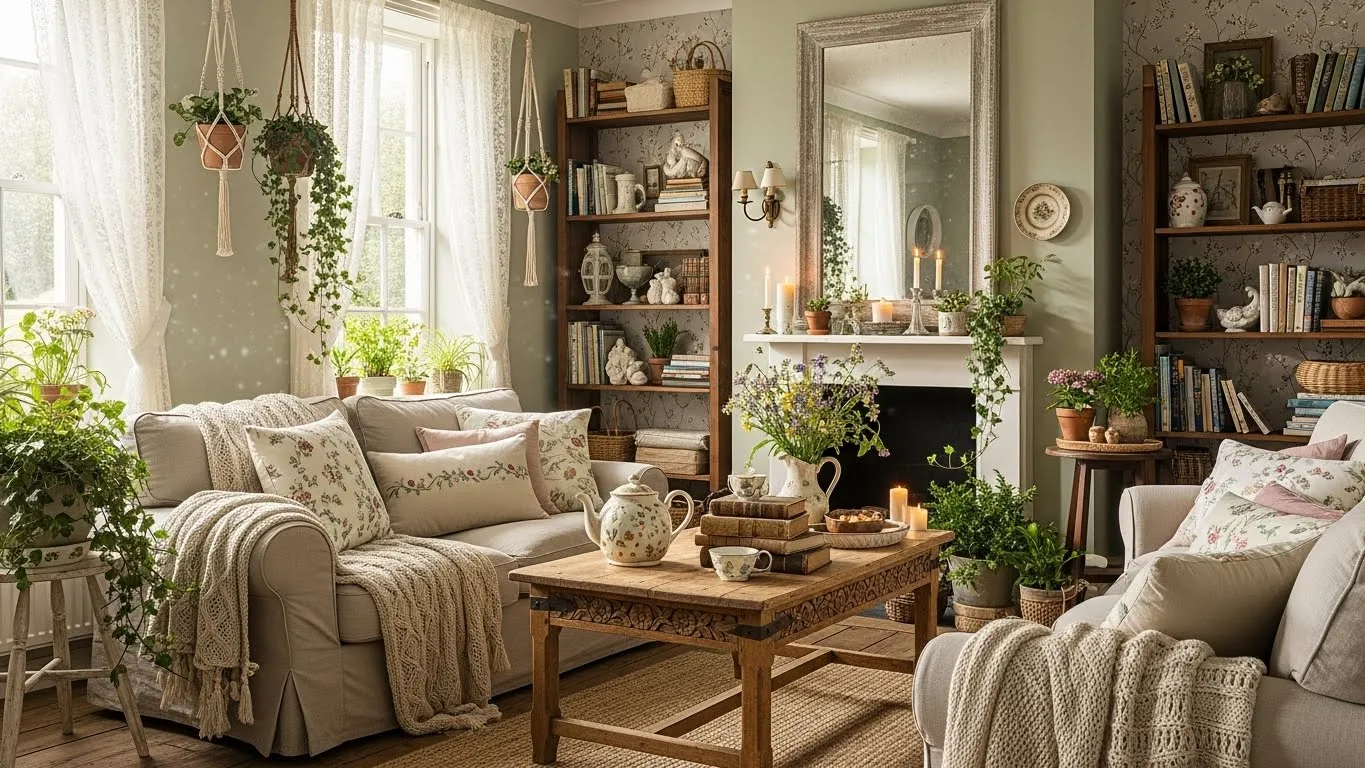 Cottagecore decor living room with vintage furniture, floral details, cozy textures, and warm natural light