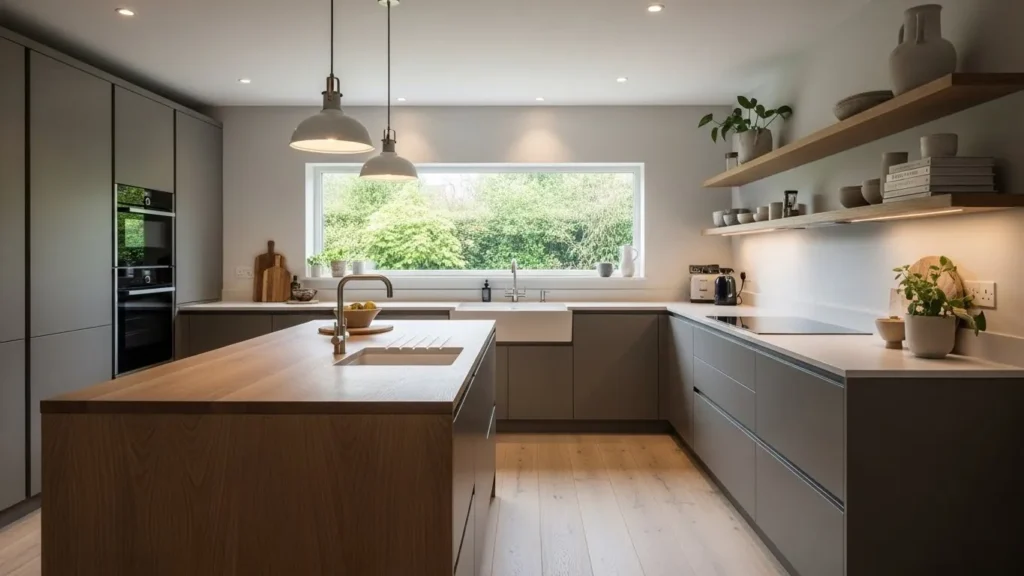 Warm gray kitchen cabinets paired with natural wood accents