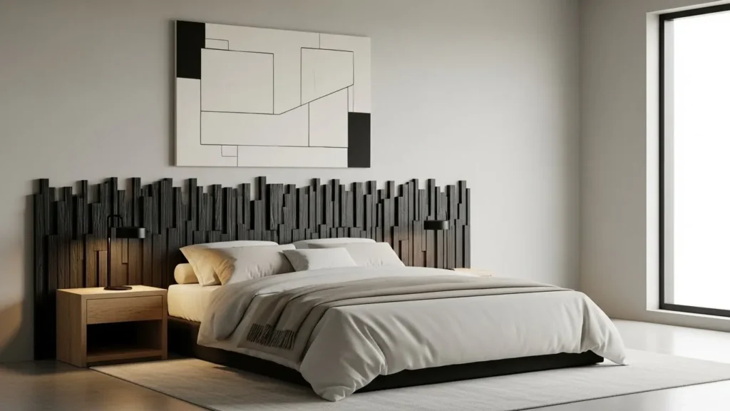 Minimalist bedroom featuring a single statement decor piece