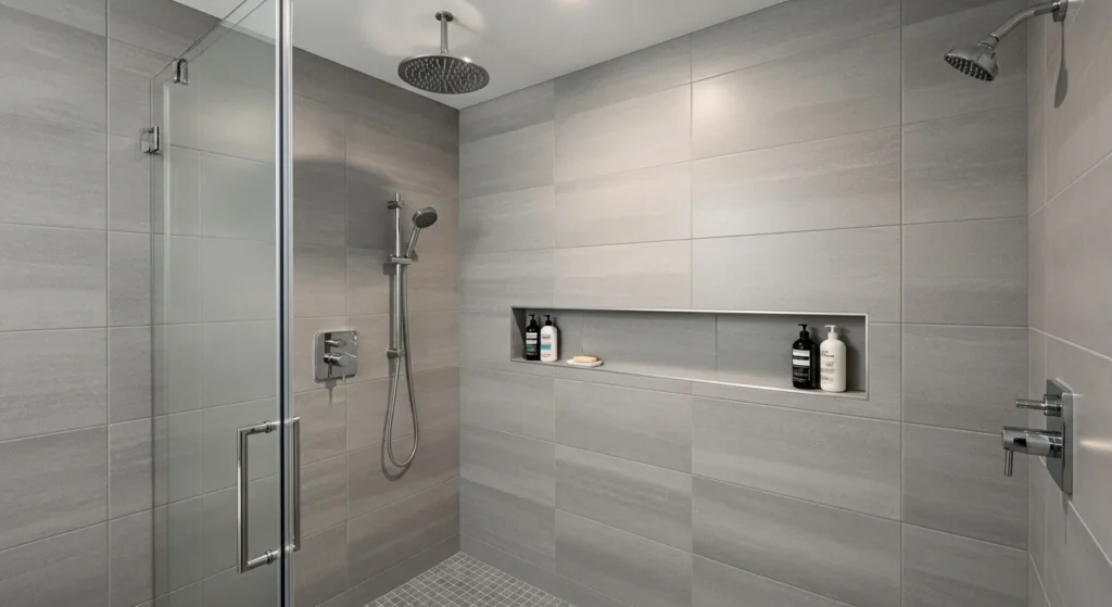 Gray tiled shower with glass door