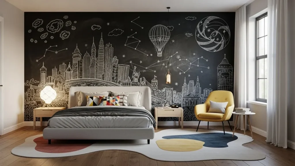 Artistic chalkboard accent wall bedroom