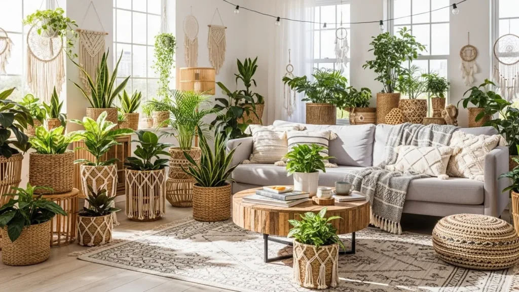 Indoor plants creating a fresh boho home vibe