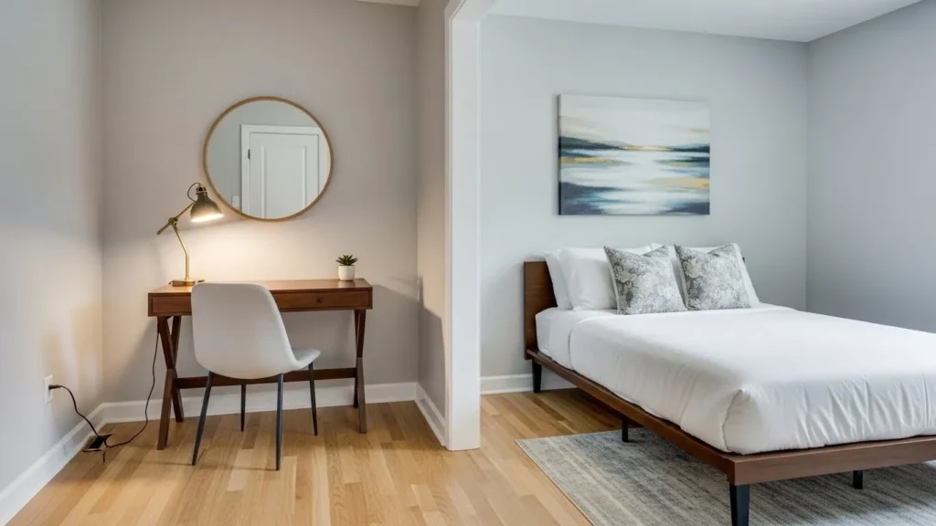 Bedroom layout with desk and workspace