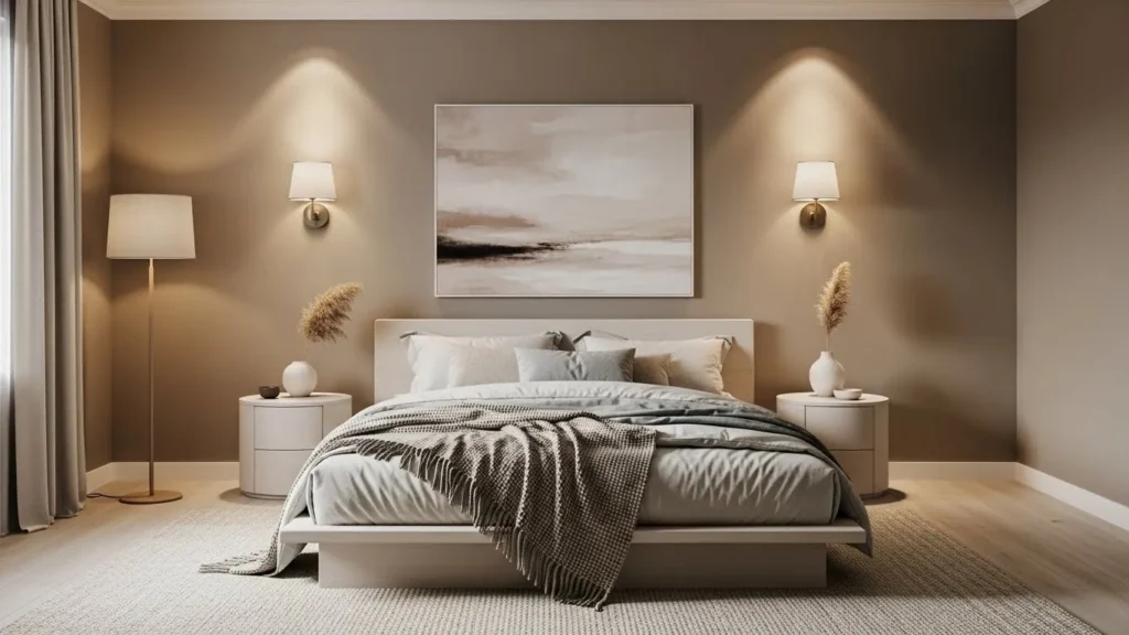 Taupe bedroom wall color with modern neutral styling