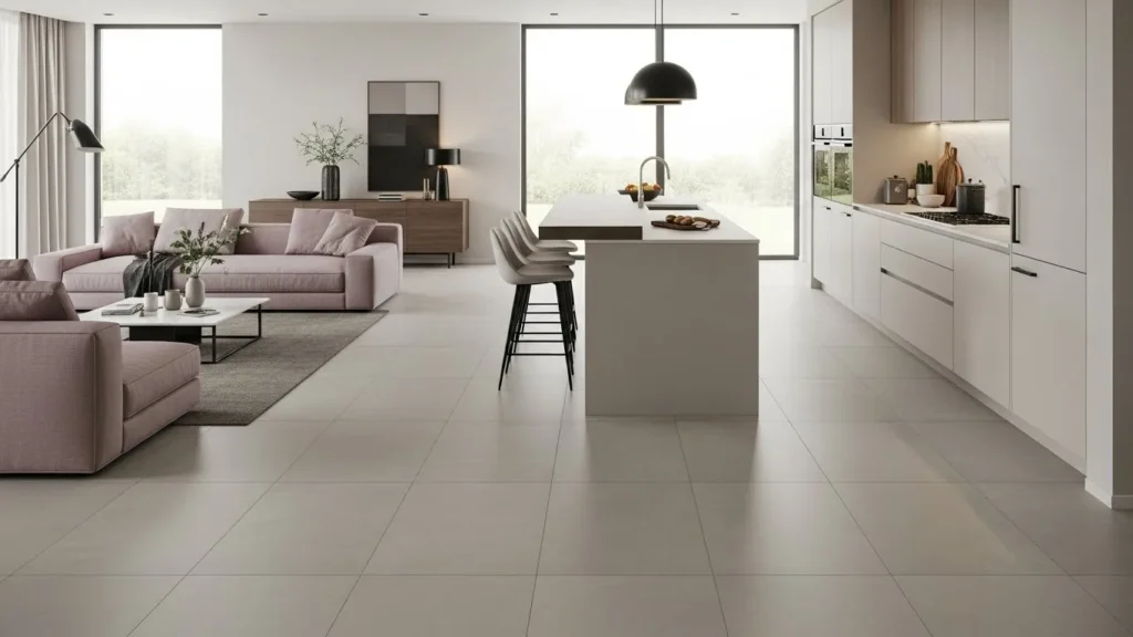 Continuous flooring in modern open kitchen