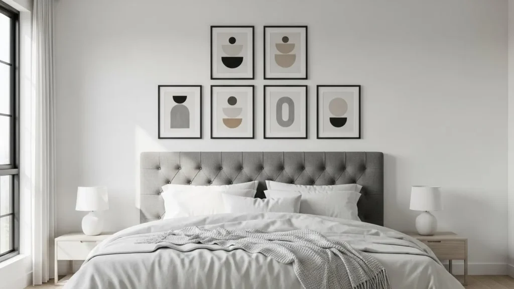 Classic symmetrical bedroom gallery wall above bed