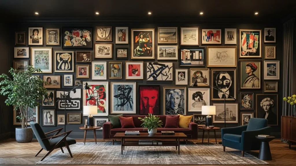 Floor to ceiling living room gallery wall