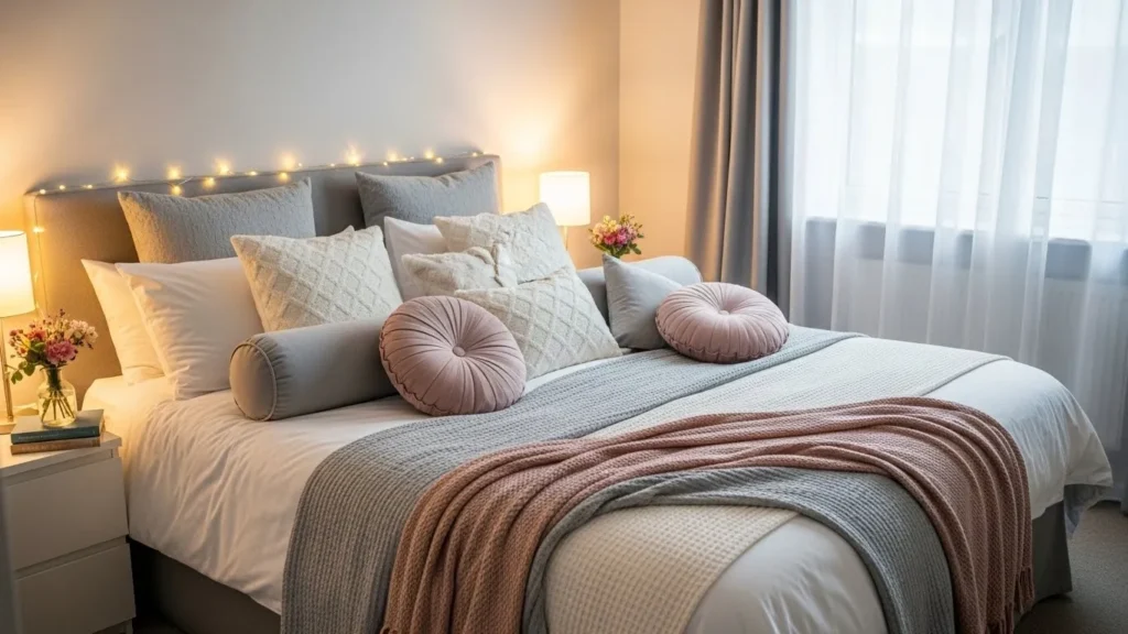 Layered bedding in a romantic bedroom