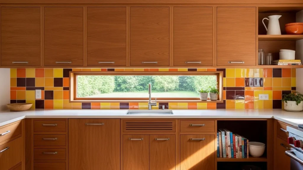 Geometric backsplash tiles in mid century modern kitchen