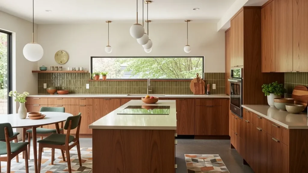 Neutral color palette in mid century modern kitchen