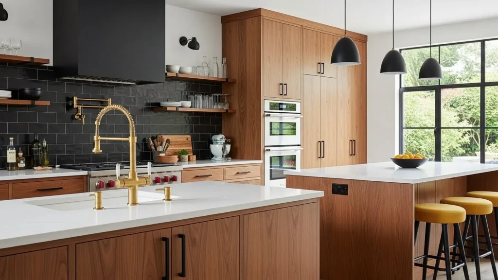 Brass fixtures in mid century modern kitchen