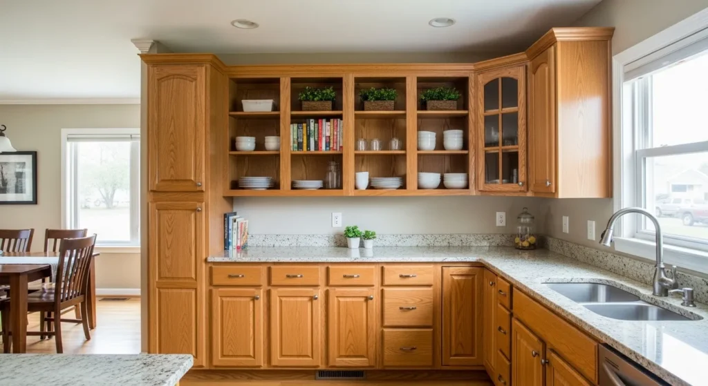 Oak cabinets with open shelving
