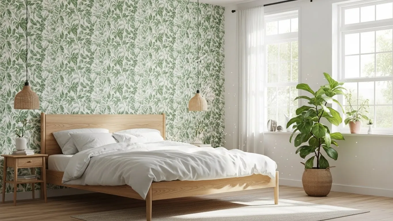 Botanical wallpaper accent wall in a fresh natural bedroom