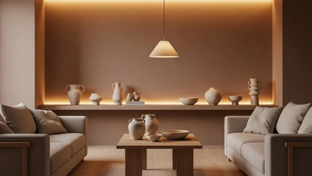 Clay color walls with soft earthy interior decor