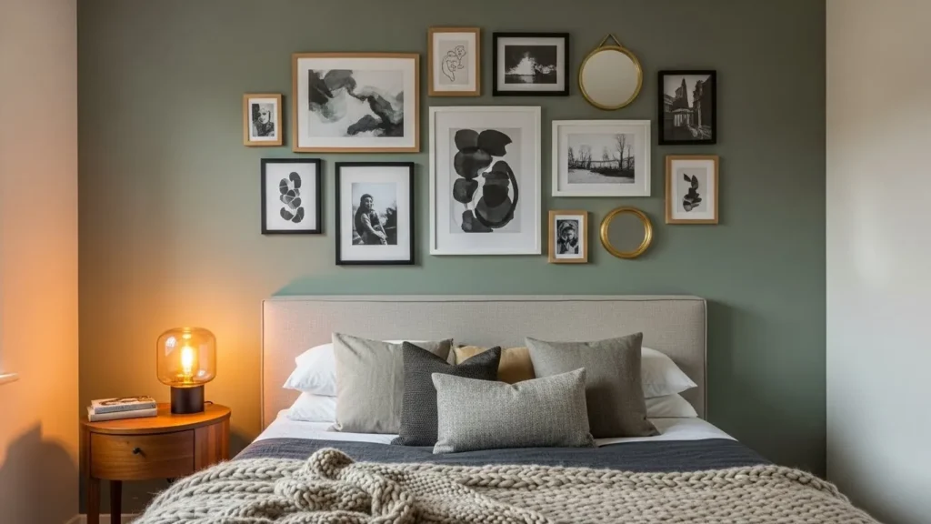 Asymmetrical bedroom gallery wall design