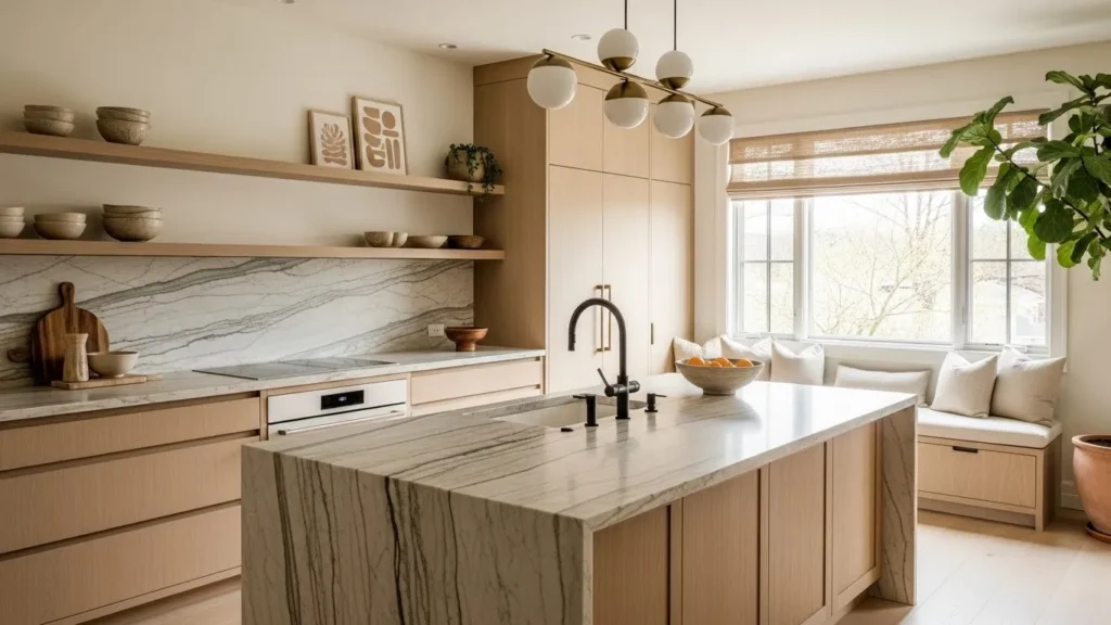Stone countertops in simple organic modern kitchen