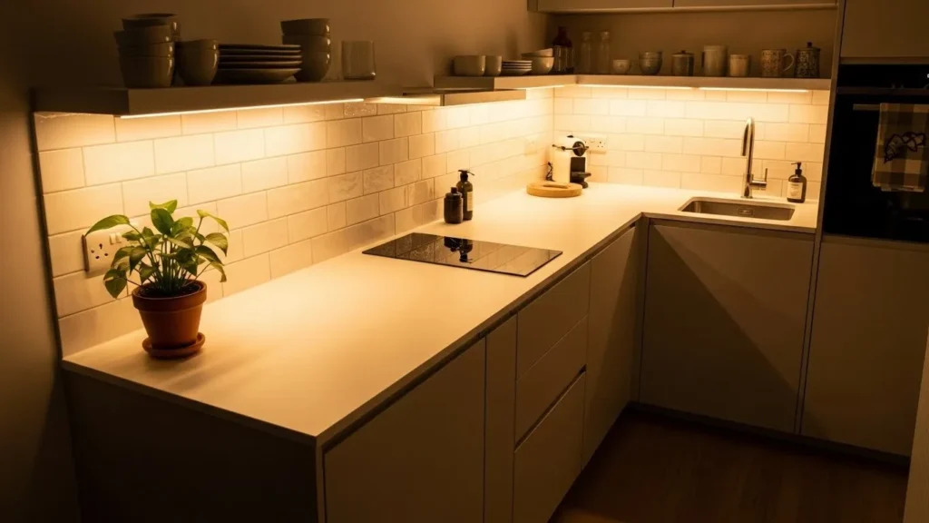 Under-cabinet lighting making a small kitchen look brighter