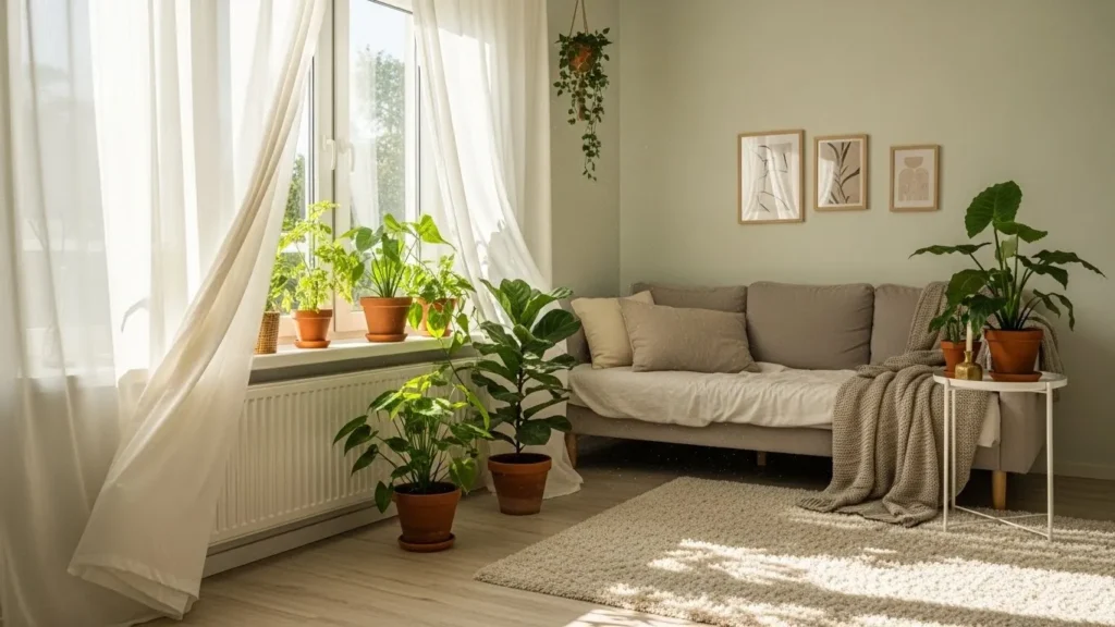 Window-side couch setup in a cozy bedroom