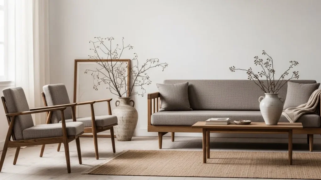 Clean-lined furniture in modern rustic decor