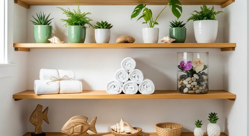 Tropical bathroom shelves