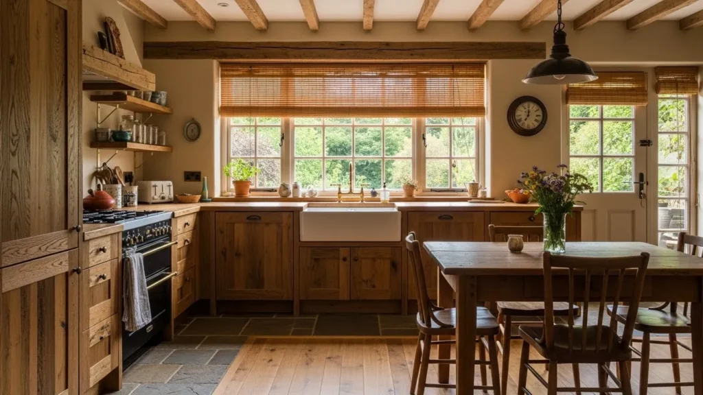 Natural hardwood and stone flooring in a warm earthy kitchen interior
