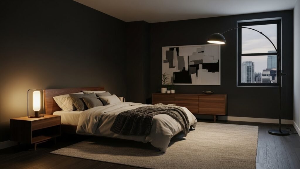 Charcoal gray bedroom wall color with moody design