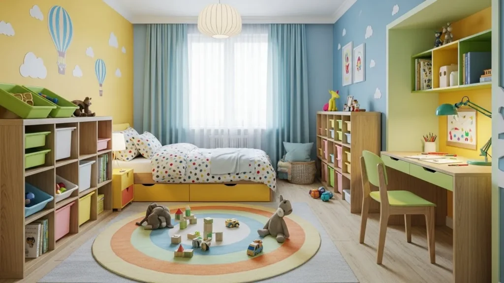 Kids bedroom layout with play and study zones
