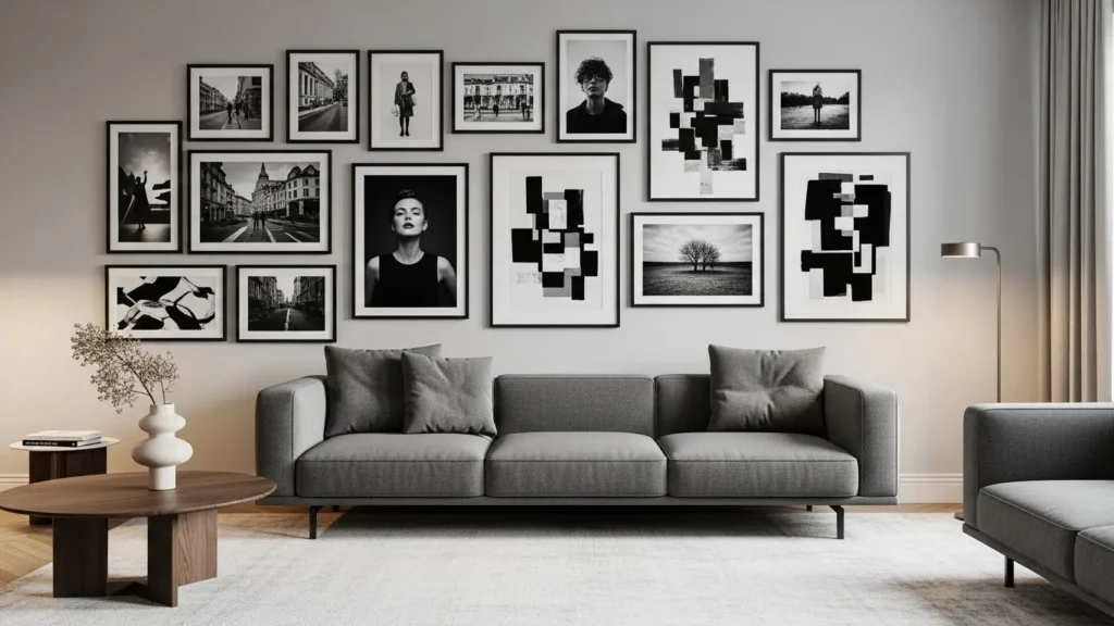 Black and white living room gallery wall