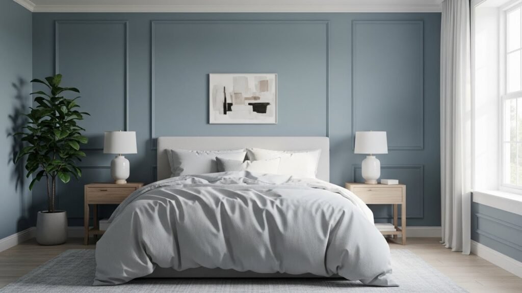 Dusty blue bedroom wall color for a relaxing space