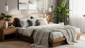 Modern organic bedroom with wooden furniture, layered textures, and greenery