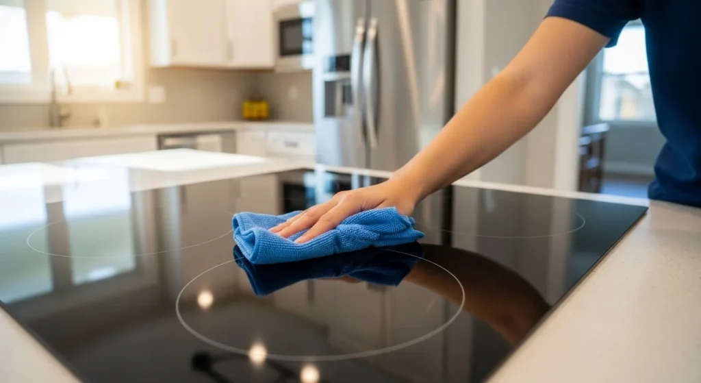 Daily cleaning of a glass cooktop with a microfiber cloth