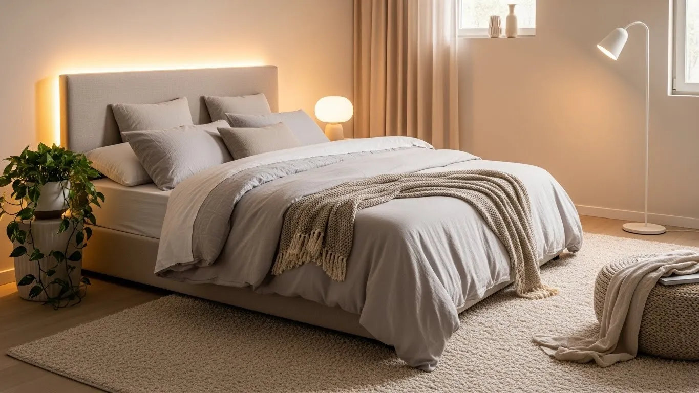 Cozy bedroom featuring warm colors, layered bedding, ambient lighting, and natural elements for a relaxing retreat