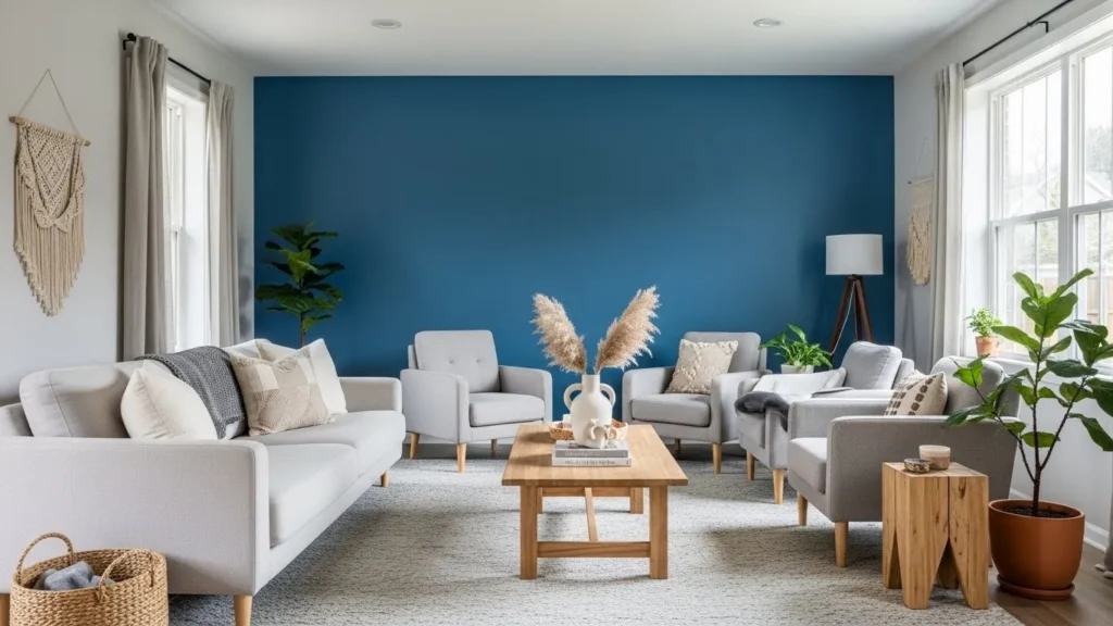 Blue accent wall DIY idea in a modern living room