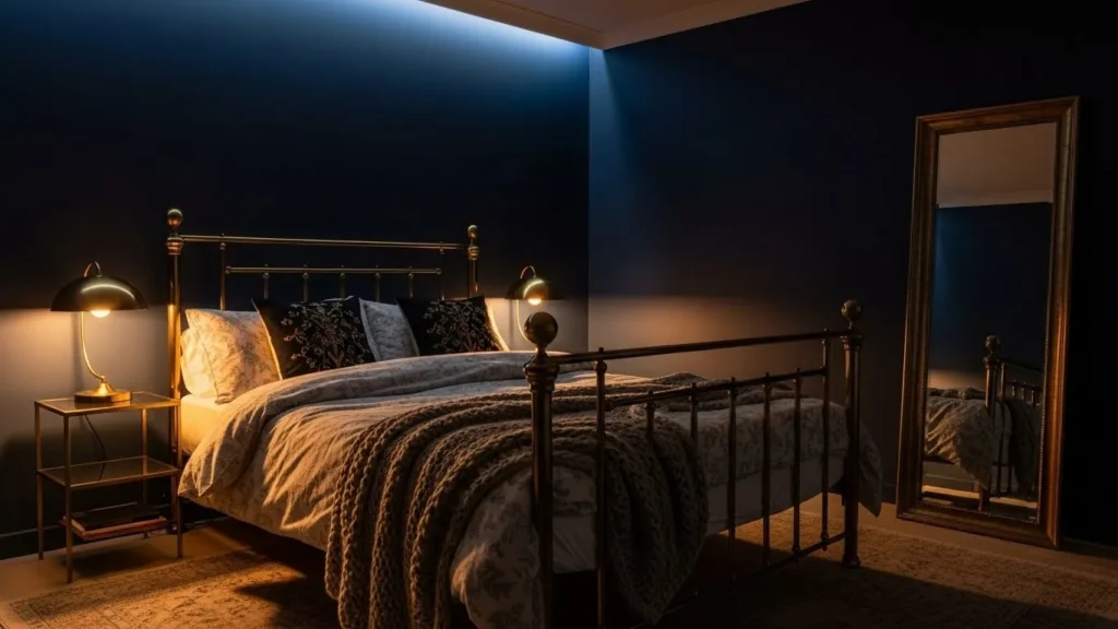 Navy blue moody bedroom design