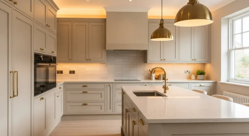 Beige kitchen cabinets with gold hardware accents