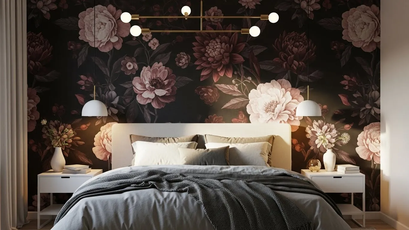 Floral wallpaper accent wall behind bed in a modern cozy bedroom