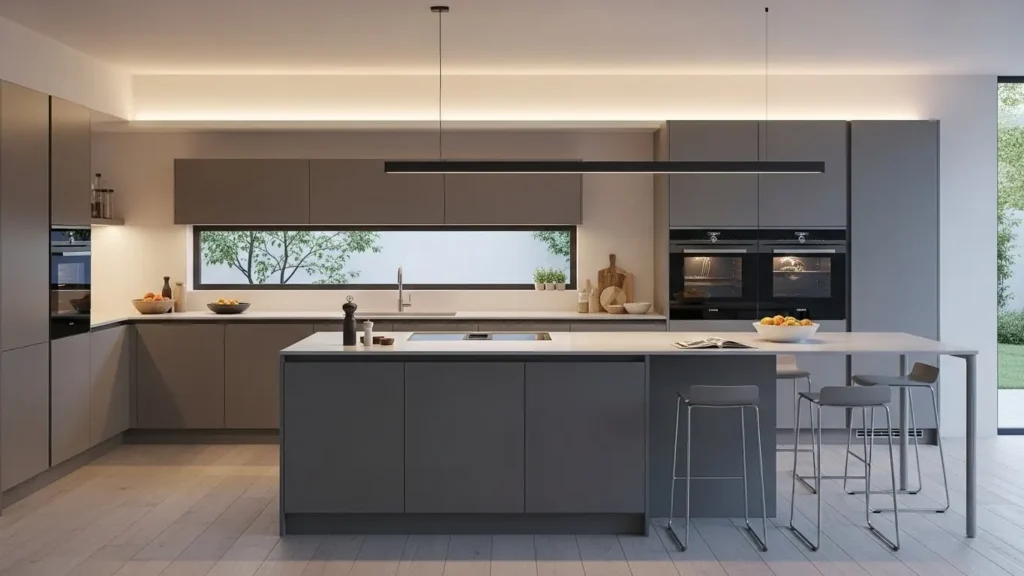 Matte gray kitchen cabinets in a modern minimalist kitchen